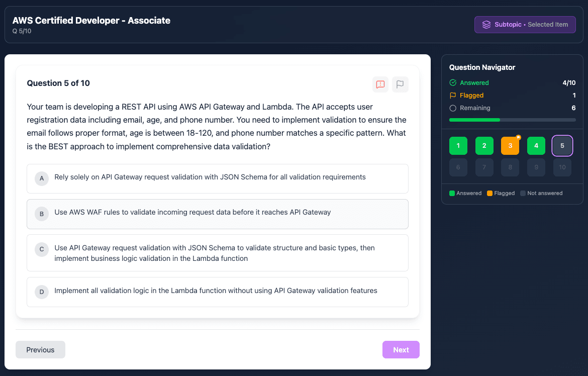 Scenario-based exam question with question navigator and progress tracking